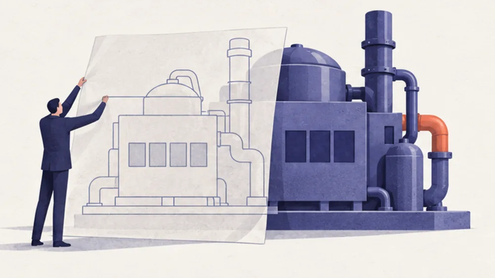 A figure holds a sheet of tracing paper up to an industrial machine, checking the drawn outline against the machine itself.