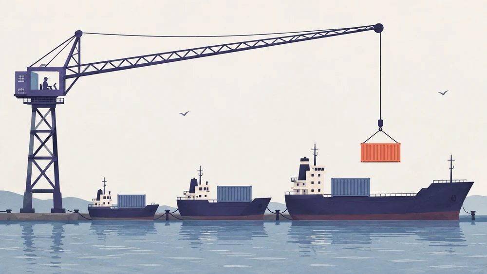 A dockside crane lowers a coral shipping container toward the largest of three moored cargo ships. Each ship already carries a grey container of the same shape.