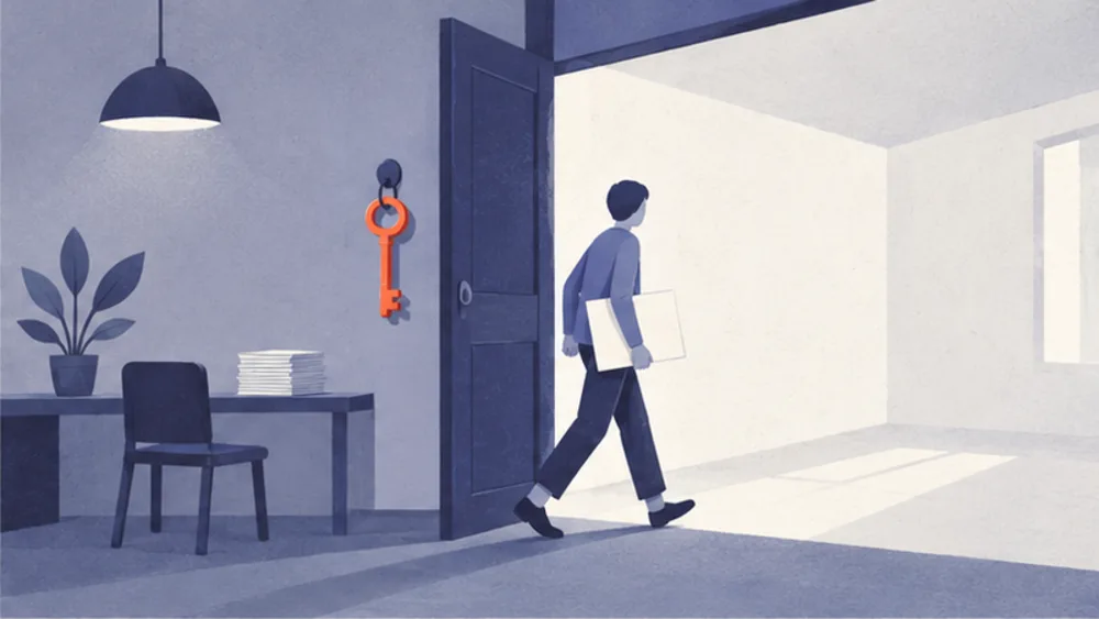 A figure carrying papers walks through a doorway into an empty new room, leaving a key hanging on a hook in the room behind.