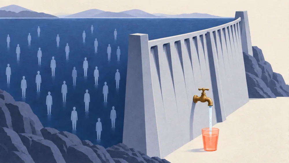 Pale, faceless figures stand in the water of a reservoir held back by a large dam. A small brass tap in the dam wall fills a single glass.