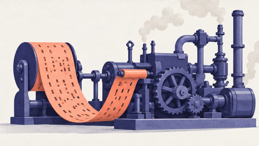 A punched paper roll unwinds from a spool into a machine of pipes, valves and gears, driving it the way a roll drives a player piano.